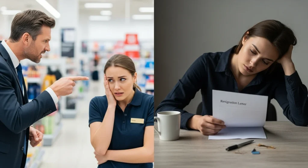 Business Heretic - Split image showing customer abuse and resulting employee resignation