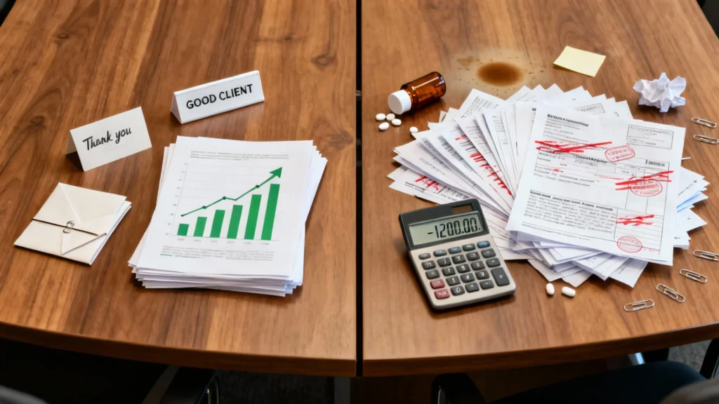 Business Heretic - Visual comparison of profitable vs unprofitable client documentation