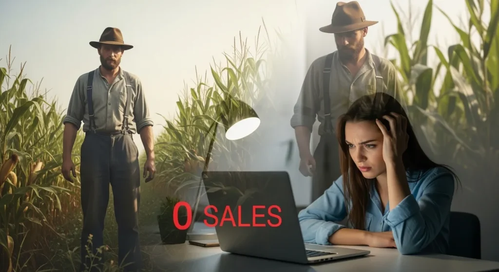 Business Heretic - Split screen showing Field of Dreams vs empty product